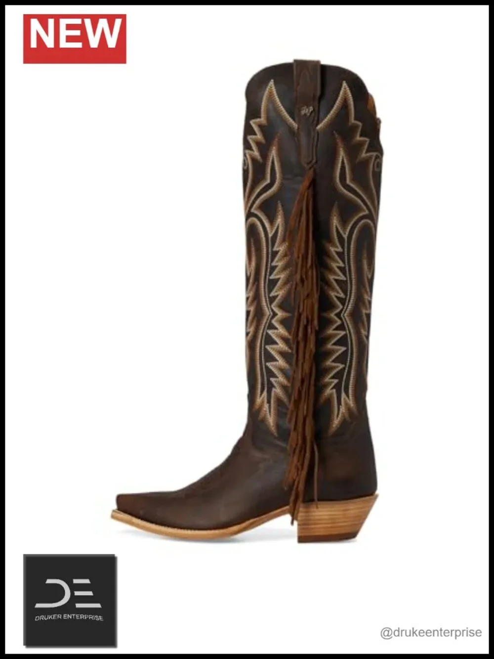 Leather Knee-High Western Boots with Fringe Snip Toe Zip